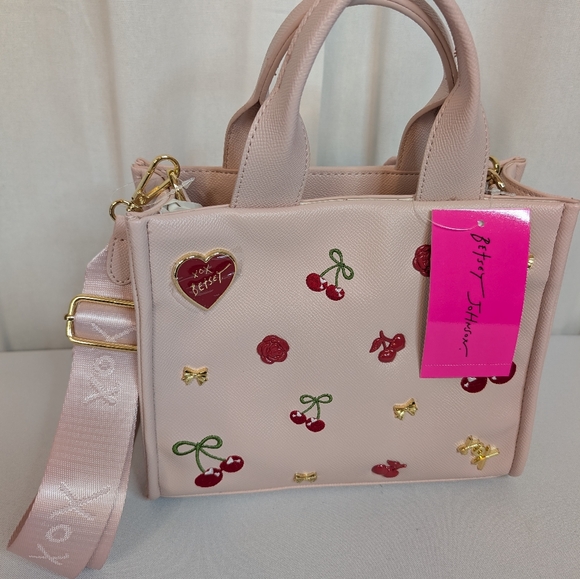 Betsy Johnson Embroidered Cherries Gold Bow Roses Hand Bag Crossbody Purse Pink - Picture 4 of 7